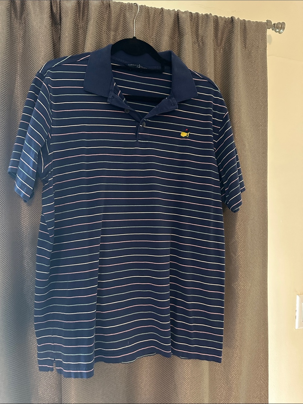 Men's Navy Striped Polo with Contrast Collar and Small Master’s Chest Emblem